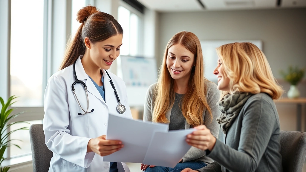 Female doctor in white coat reviewing medical charts with female patient in modern clinic office, warm natural lighting, compassionate interaction
