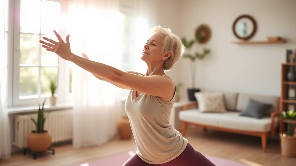 Woman doing yoga or stretching in bright home environment with morning sunlight, peaceful wellness setting, diverse age representation