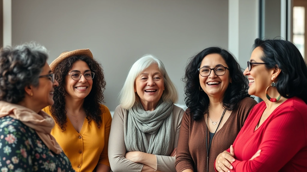 Diverse women of different ages in casual group setting, smiling and conversing, representing community wellness and life stages