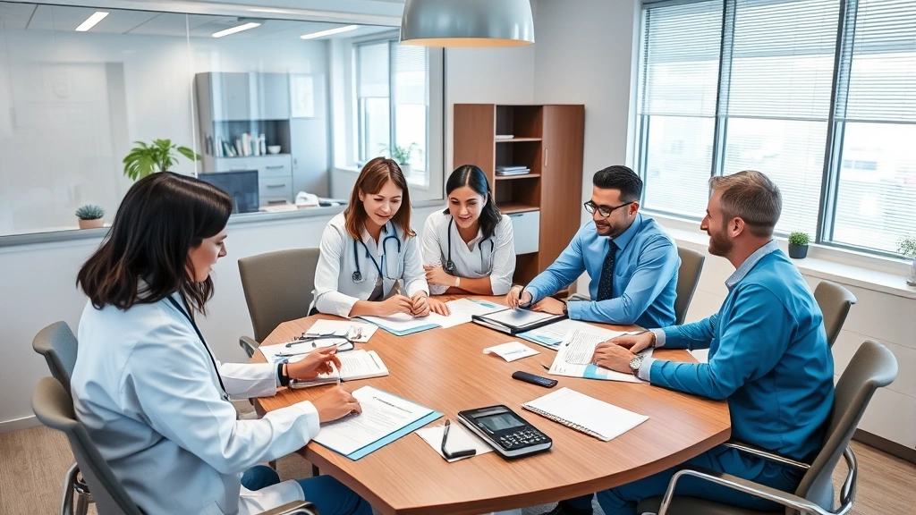 Healthcare team meeting around conference table reviewing patient files, multiple medical professionals collaborating, professional medical office setting