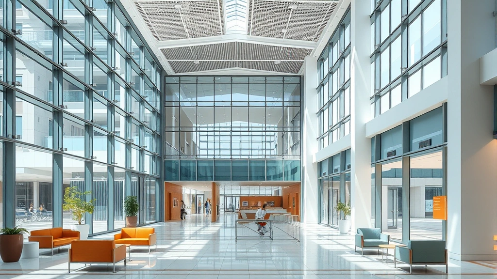Modern hospital lobby with contemporary architecture, glass and steel design, comfortable seating areas, natural lighting from large windows, clean and welcoming interior