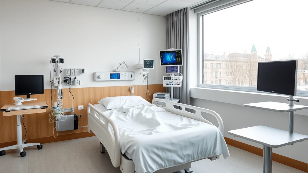 Patient room in a hospital with comfortable bed, medical monitoring equipment, large window with natural light, modern furniture and calming decor