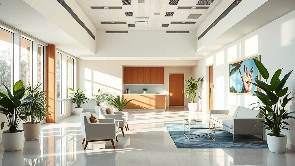 Serene modern medical facility interior with soft natural lighting, comfortable seating areas, plants, and contemporary healthcare design elements promoting healing and relaxation