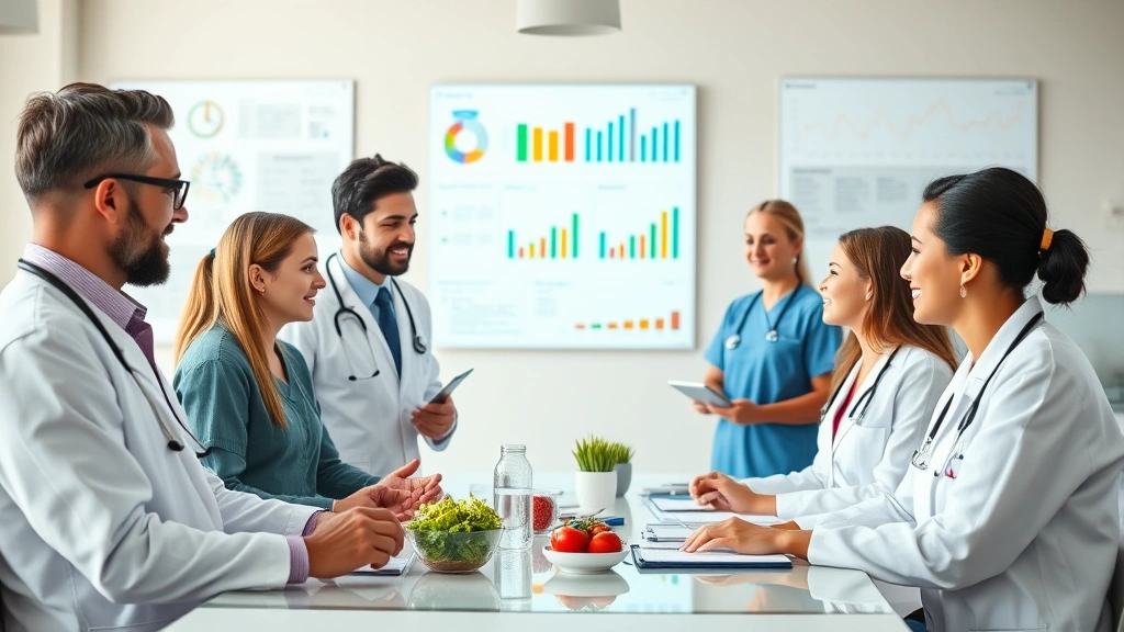 Diverse healthcare professionals including doctors, nurses, and nutritionists collaborating in a bright clinical conference room with charts and health data displays