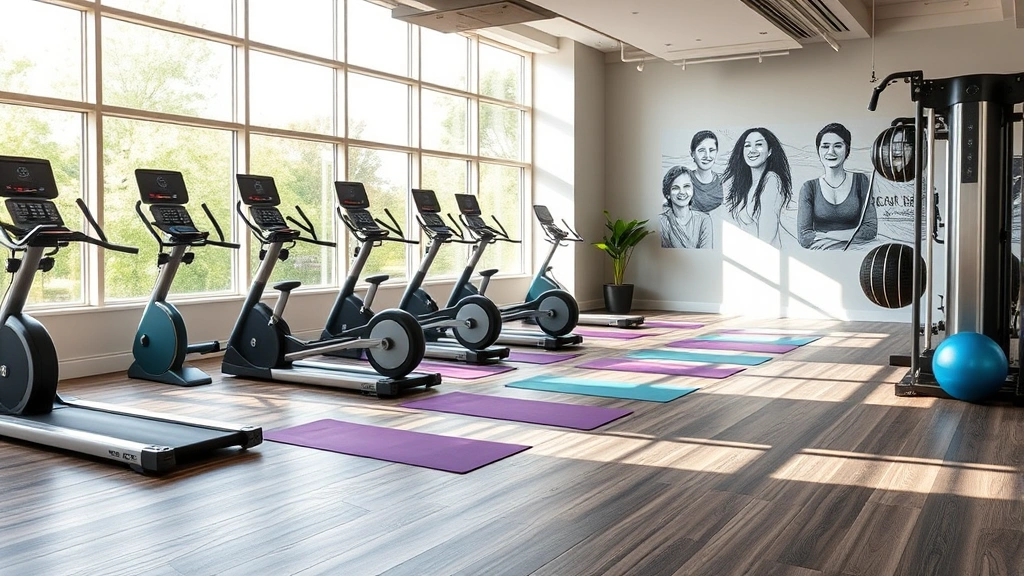 Well-equipped fitness facility with modern exercise equipment, yoga mats, and peaceful wellness studio space with natural light streaming through large windows