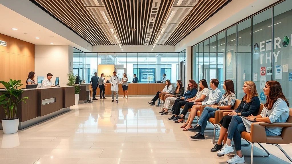 Modern medical clinic reception area with diverse patients waiting, warm lighting, comfortable seating, welcoming atmosphere, healthcare environment