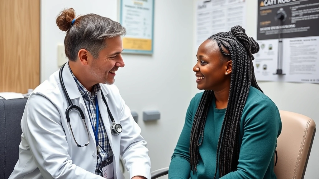 Healthcare provider consulting with patient in examination room, diverse representation, compassionate interaction, stethoscope visible, professional medical setting