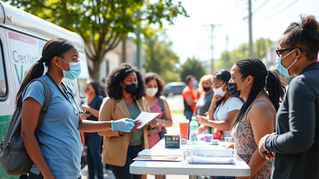 Community health workers engaging with diverse neighborhood residents outdoors, mobile health screening setup, inclusive healthcare outreach, sunny day