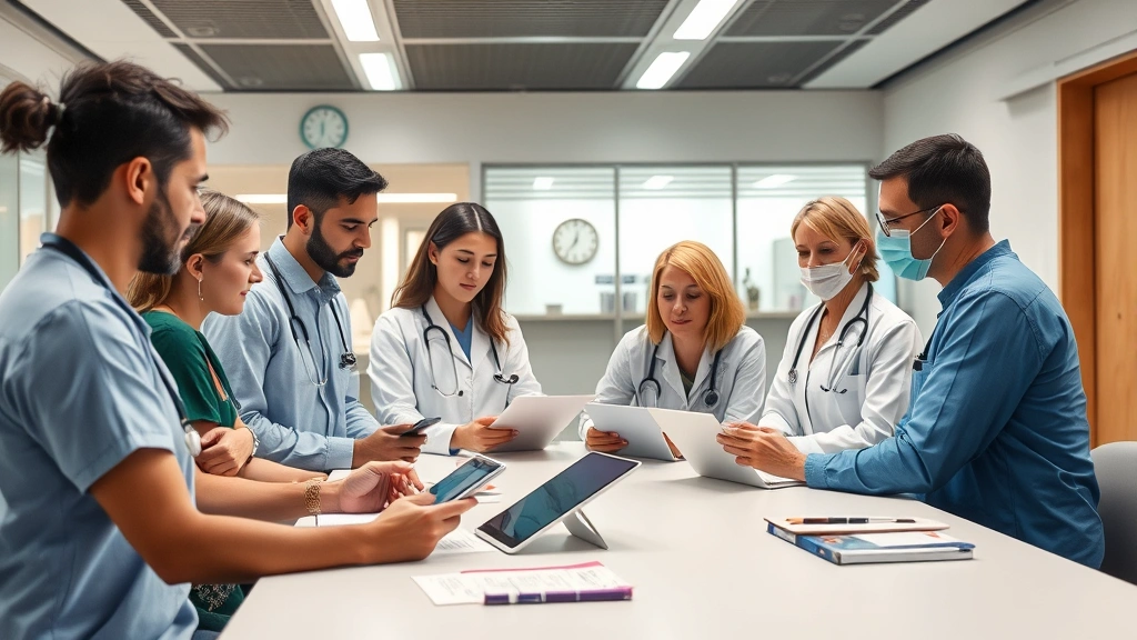Diverse group of healthcare professionals in modern medical facility discussing patient care plans around a table with digital tablets and health records