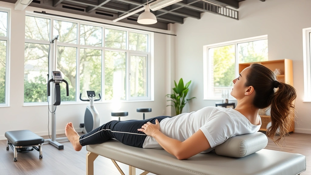 Patient receiving physical therapy treatment in bright, modern wellness center with natural lighting and therapeutic equipment visible