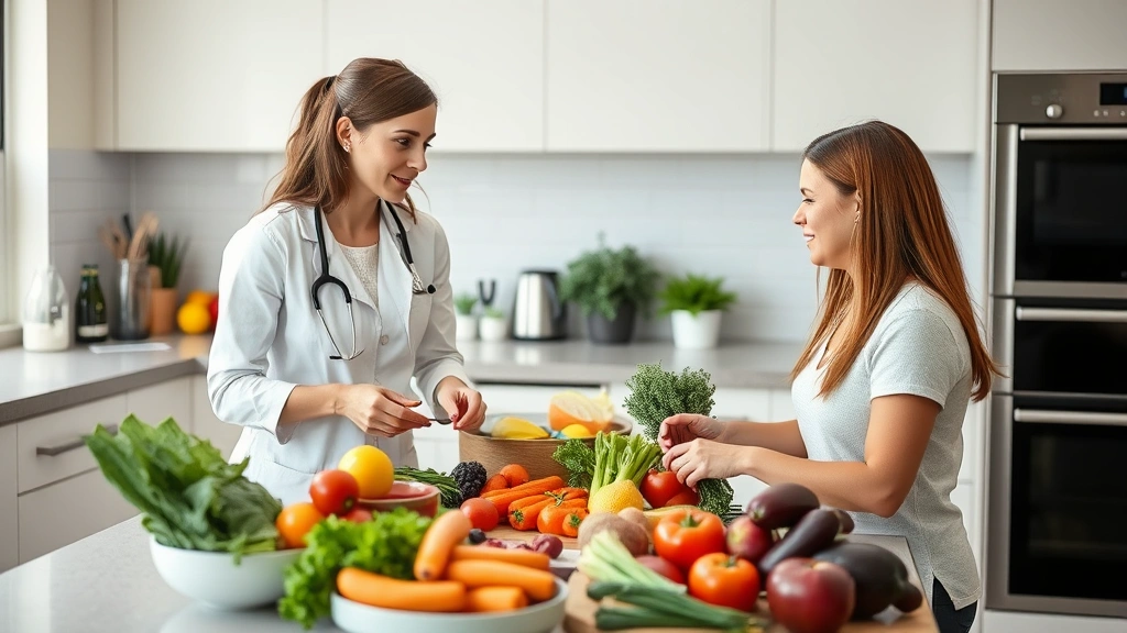 Registered dietitian consulting with client over healthy meal prep in wellness center kitchen, fresh vegetables and nutritious foods displayed