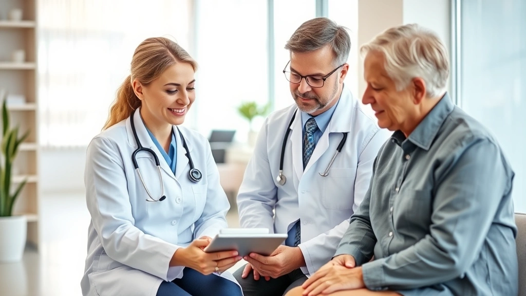 Professional medical consultation room with doctor and patient discussing health records on a tablet, modern clinic interior with natural lighting, calm atmosphere