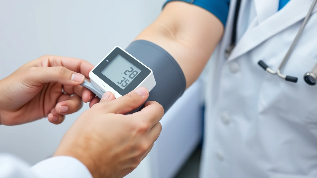 Blood pressure measurement being taken on patient's arm with digital monitor, close-up medical examination, healthcare professional in white coat