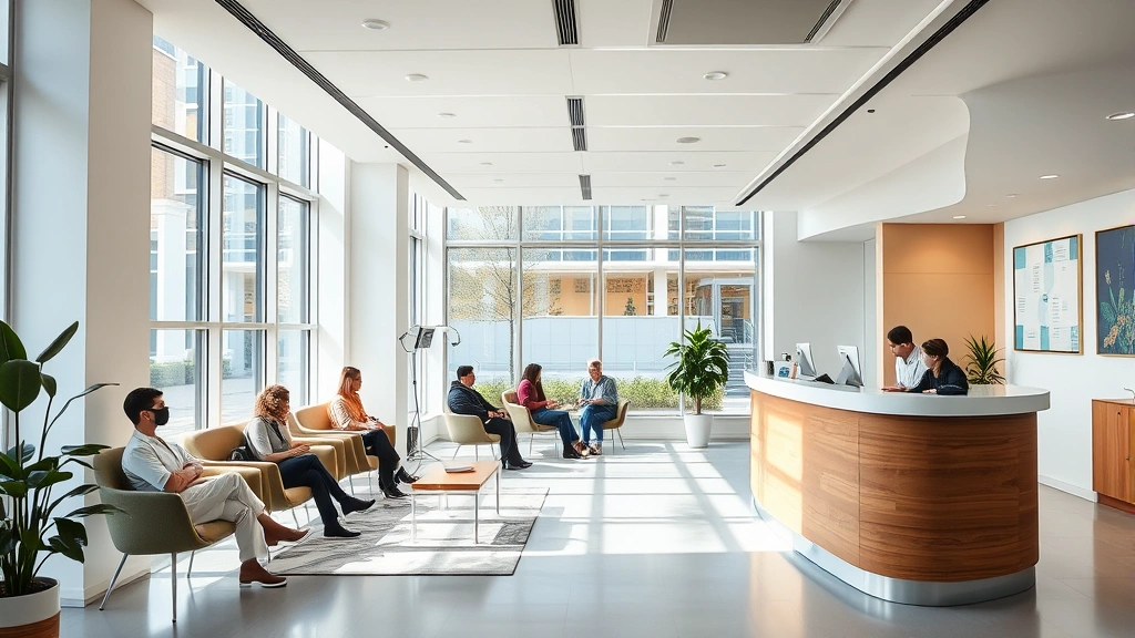 Modern London clinic reception area with comfortable seating, natural light through windows, diverse patients waiting, contemporary healthcare facility design