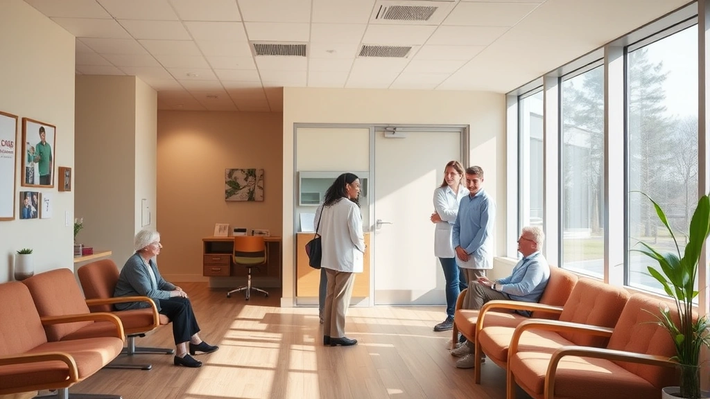 Warm, inviting medical clinic interior with natural light, comfortable seating, and calming earth-tone décor, patients and healthcare staff interacting warmly in background