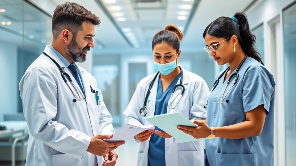 Diverse group of healthcare professionals including doctors, nurses, and counselors in modern medical facility, collaborating and reviewing patient information together