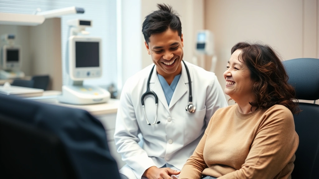 Patient in consultation room with compassionate healthcare provider, both smiling, modern medical equipment visible, peaceful and trusting atmosphere