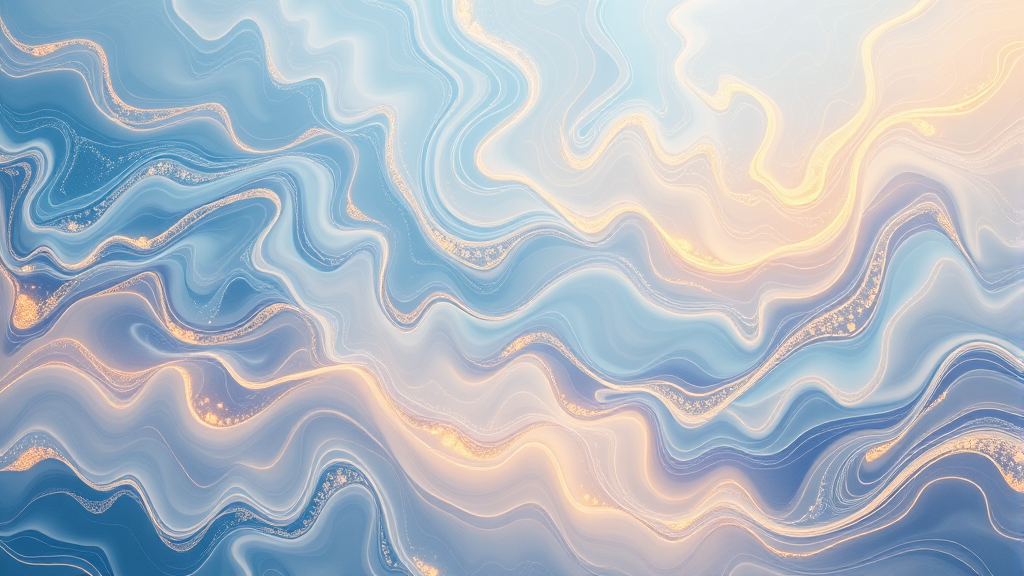 Abstract flowing energy patterns in soft blues and golds representing inner harmony and spiritual wellbeing no text no words no letters