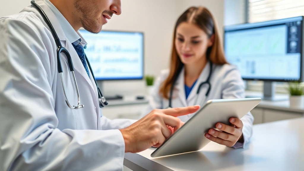 Healthcare provider using digital tablet at clinic desk with patient charts visible on computer monitor in background, professional medical office setting