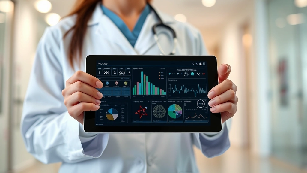 Healthcare provider using tablet with digital interface showing patient records and medical data, modern clinic background with soft lighting and professional atmosphere