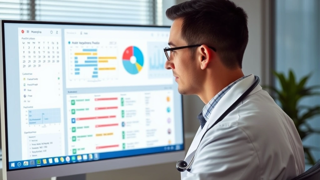 Doctor reviewing patient information on modern computer interface dashboard with appointment calendar and medical records displayed clearly