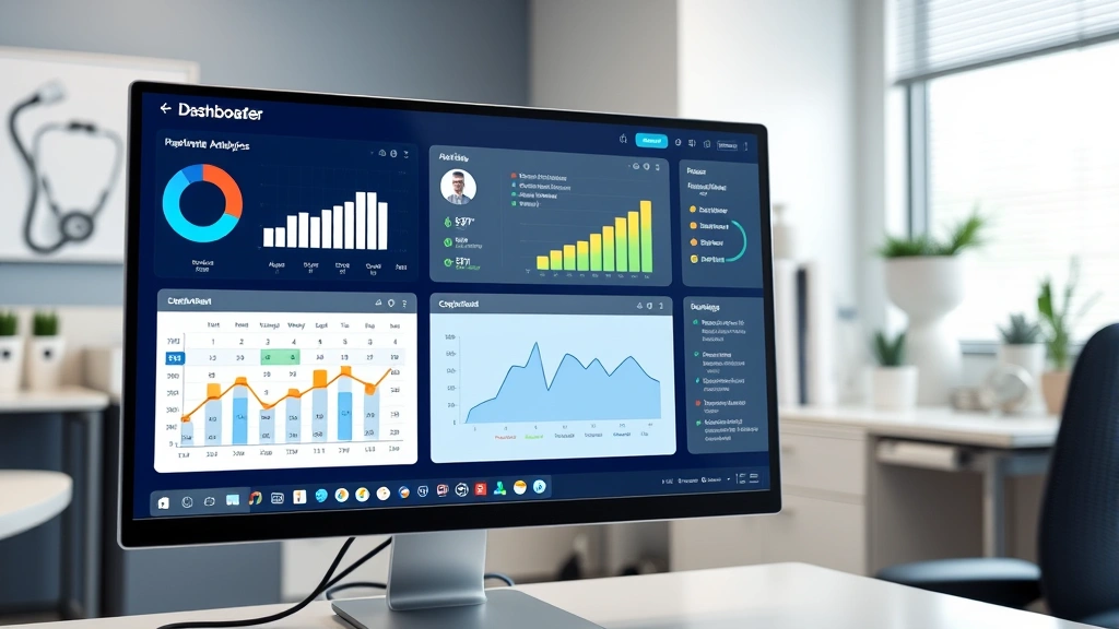 Digital dashboard with healthcare analytics charts, appointment calendar, and patient information panels displayed on computer screen in medical office setting