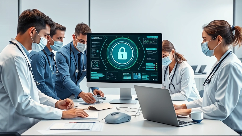 Medical staff collaborating around a desk with healthcare technology showing secure encrypted data transmission and patient communication interface