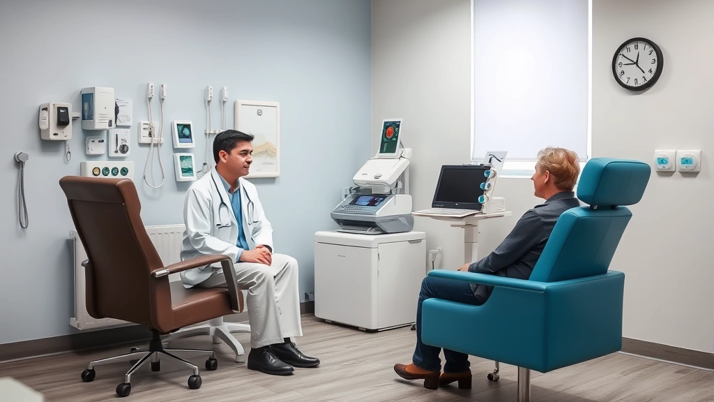 Patient consultation room with comfortable seating, medical equipment, doctor and patient having discussion, professional healthcare environment, no text