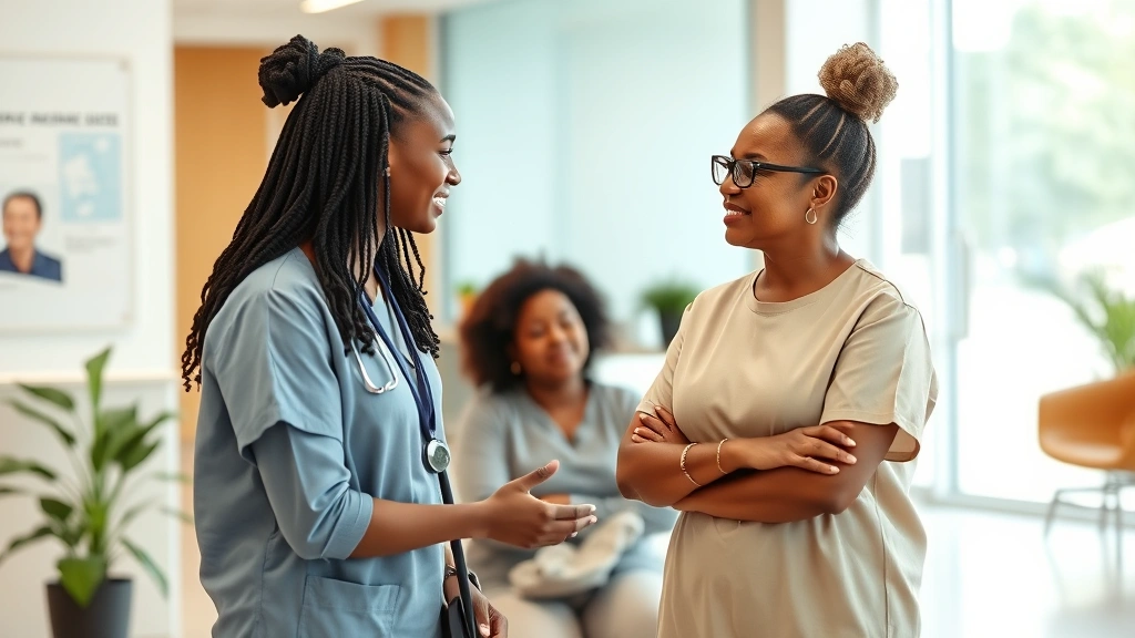 Community health worker and patient in supportive discussion, modern clinic interior, diverse representation, caring interaction, no text