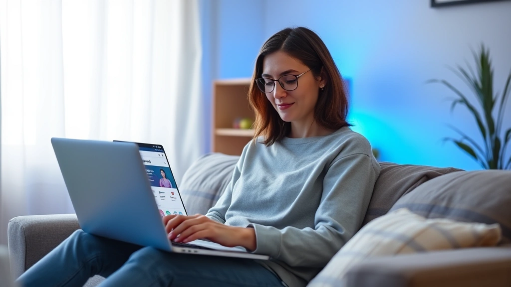 Person sitting at home on laptop computer accessing healthcare portal with calming blue light, warm home environment, peaceful expression, modern minimalist setup