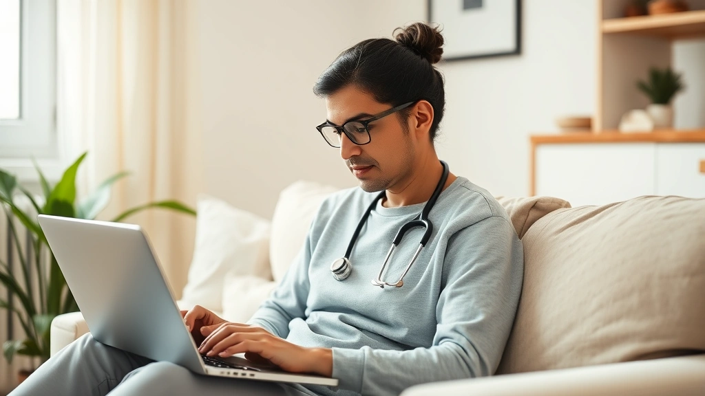 Peaceful patient sitting at home with laptop, reviewing medical documents and health data on screen, warm lighting, natural setting