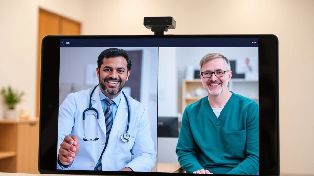 Doctor and patient having virtual consultation through secure video platform, professional healthcare environment, both smiling and engaged