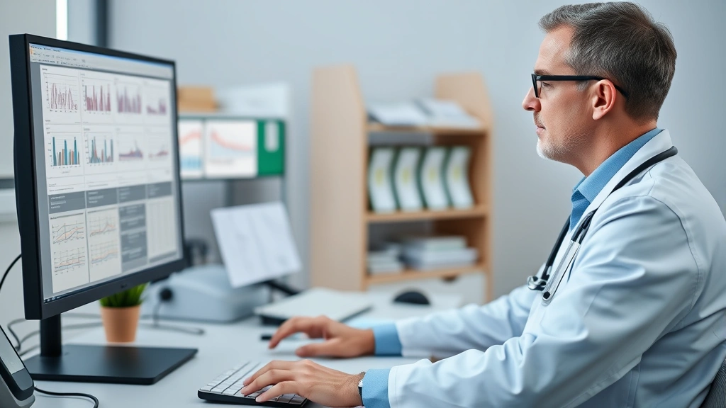 Healthcare provider at desk reviewing digital patient records on computer monitor with organized medical charts visible, professional clinical setting, focused professional