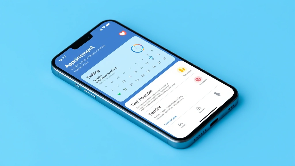 Mobile phone displaying health app interface with appointment calendar, test results, and medication reminders, clean modern design aesthetic
