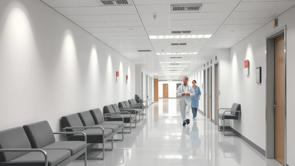 Modern hospital corridor with soft lighting, clean white walls, comfortable seating areas, and medical staff walking in background