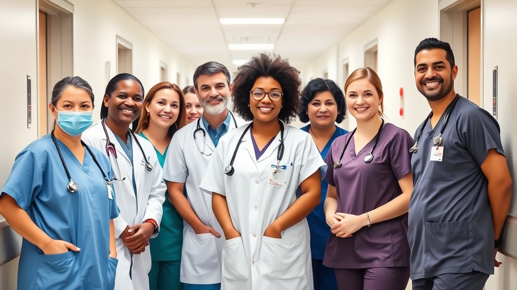Diverse healthcare team of doctors and nurses in scrubs smiling together in a bright hospital hallway, professional and welcoming