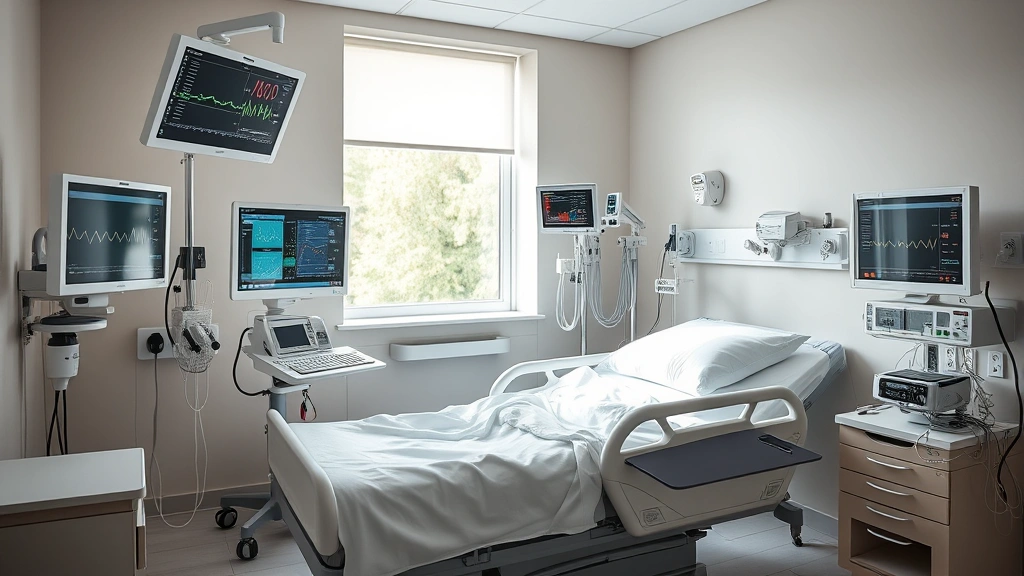 Patient room with modern medical equipment, comfortable bed, natural light from window, monitors displaying vital signs