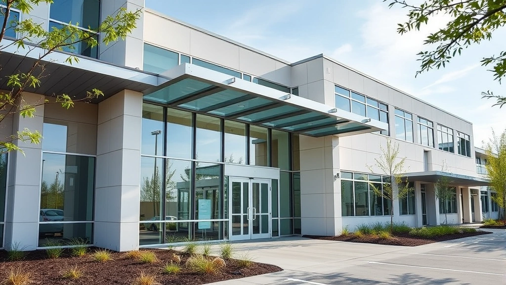 Modern healthcare facility exterior with glass entrance and landscaped grounds, professional medical building architecture, daytime natural lighting