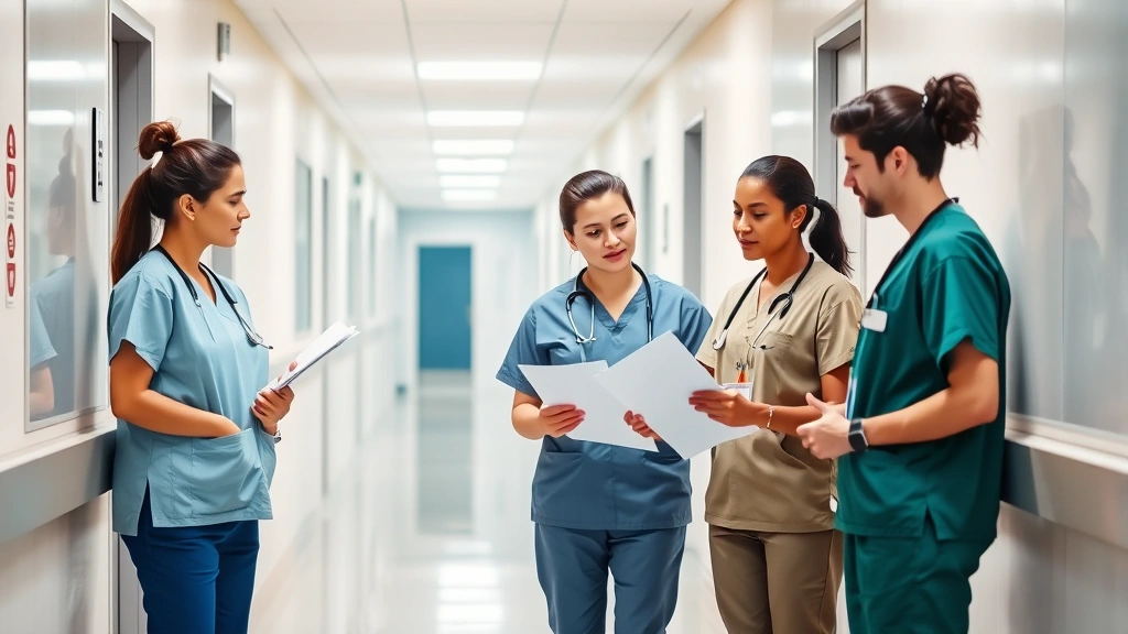 Healthcare professionals in scrubs collaborating in hospital hallway, diverse team reviewing documents together, modern clinical environment with soft lighting
