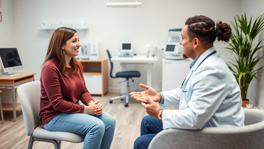 Patient consultation room with doctor and patient in discussion, warm welcoming space with comfortable seating, medical equipment visible in background