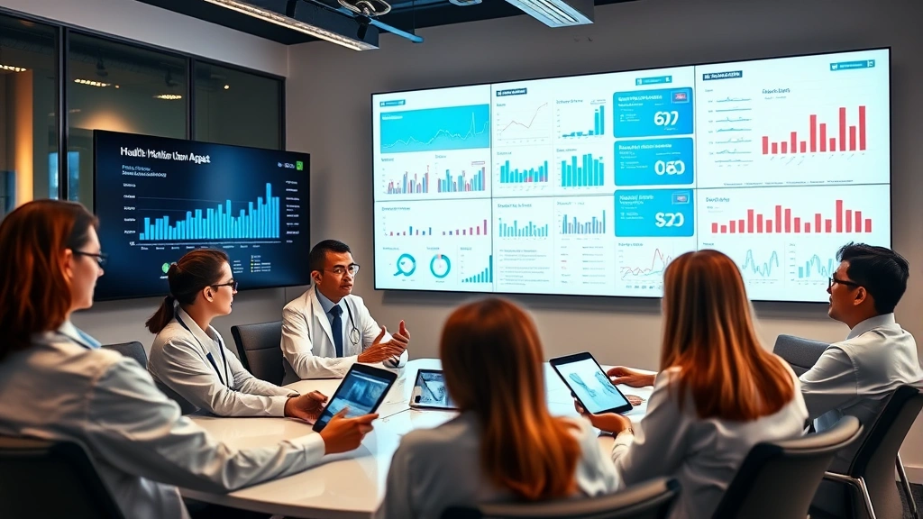 Healthcare professionals in conference room reviewing data on large screens and tablets, diverse team engaged in discussion, modern office environment with health charts and analytics visible