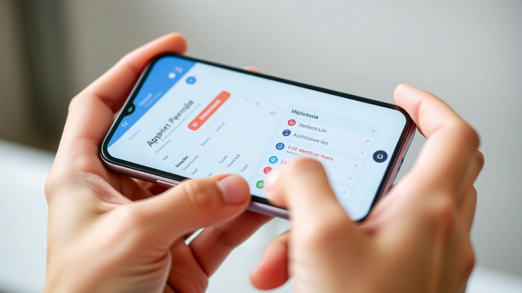 Close-up of hands holding a smartphone displaying a patient portal dashboard with appointment calendar, medication list, and lab results visible on the screen. Clean, modern interface with soft lighting.
