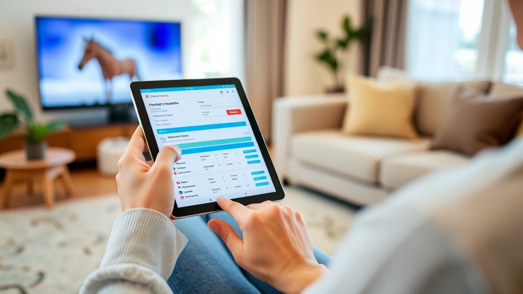 Person using a tablet to manage health records and appointments from home. Comfortable living room setting with healthcare information displayed on screen. Peaceful, organized home healthcare management scene.