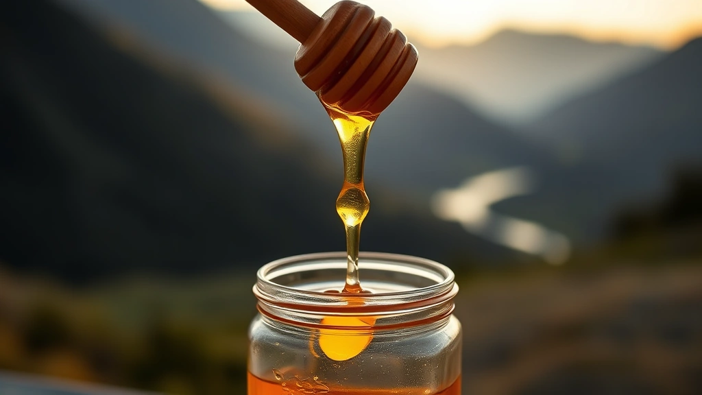 Golden manuka honey dripping from a wooden dipper into a clear glass jar, soft natural lighting, New Zealand landscape blurred in background