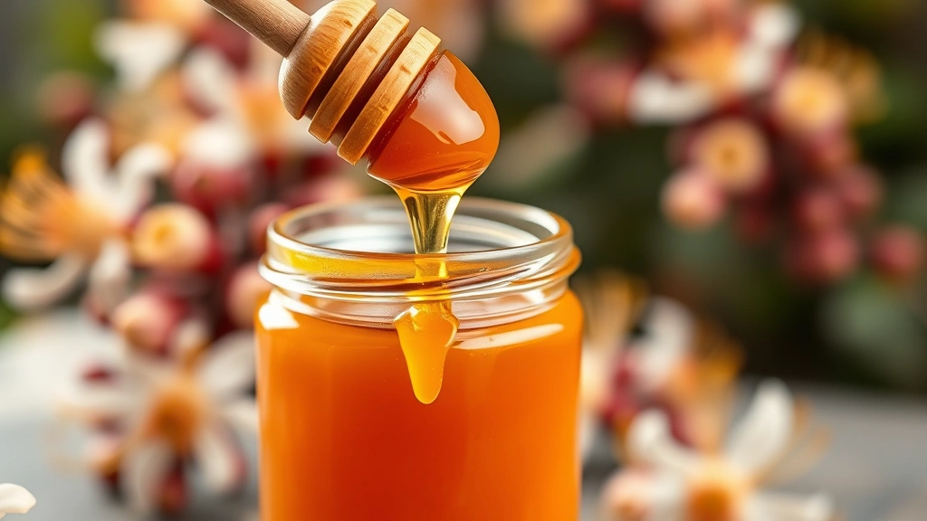 Golden amber manuka honey dripping from a wooden dipper into a clear glass jar, with manuka bush flowers softly blurred in the background
