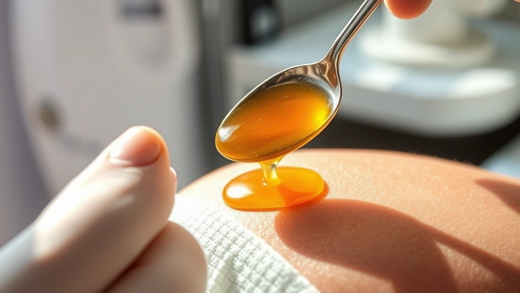 Spoonful of thick manuka honey being applied to a minor wound on skin, clean clinical setting, warm natural light