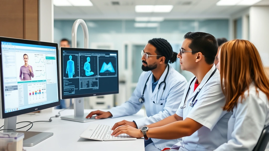 Healthcare professionals collaborating at a computer workstation, reviewing patient data on screen, diverse medical team in clinical setting, modern hospital environment
