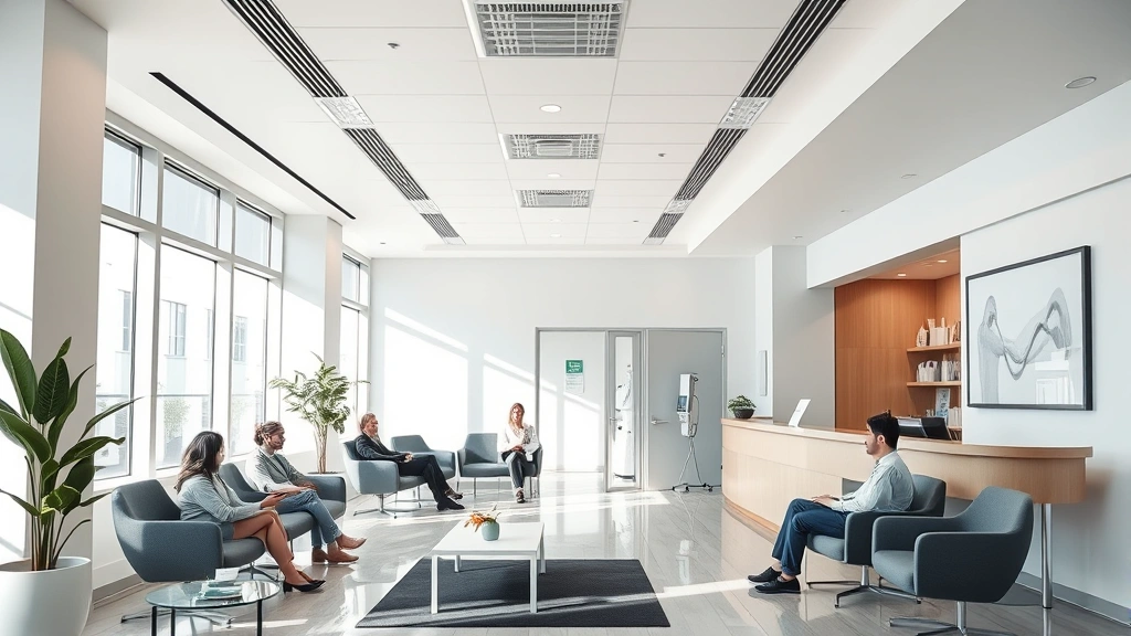 Modern medical clinic reception area with welcoming waiting room, comfortable seating, natural lighting, diverse patients, calm atmosphere, professional healthcare setting