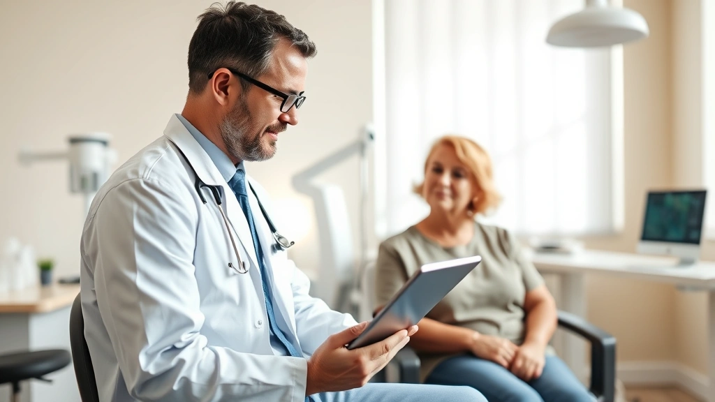 Doctor and patient having consultation in bright examination room, doctor listening attentively with tablet, patient comfortable and engaged, modern medical equipment visible