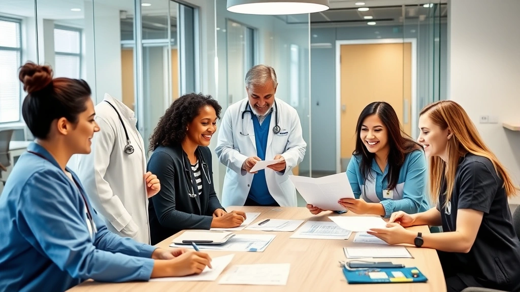 Diverse healthcare team collaborating at medical conference table reviewing patient charts, smiling professionals, modern office environment, teamwork and communication focus